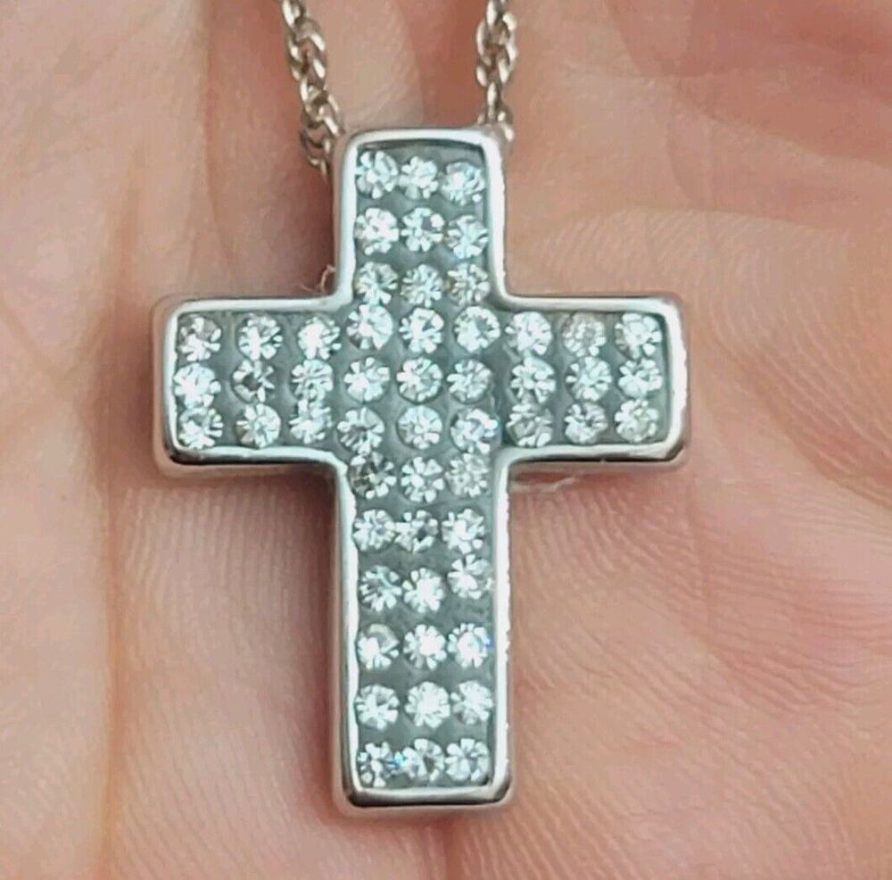 Silver Cross Pendant With Pave Crystal Necklacef